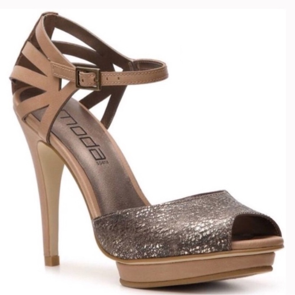 Gold/Tan Stiletto Peep Toe Ankle Strap Heels by Moda 8.5